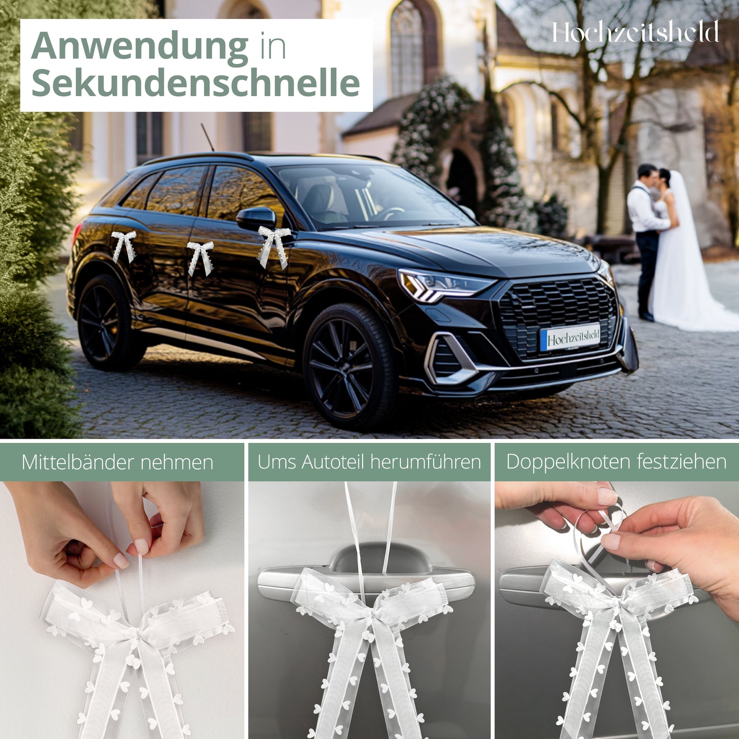 Autoschleifen Hochzeit Weiß (Herzform) - Brautauto & Konvoi Deko