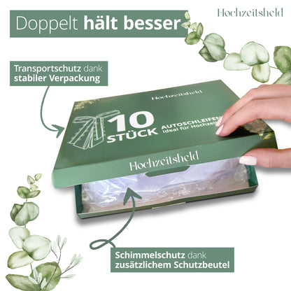 Autoschleifen Hochzeit Weiß (Herzform) - Brautauto & Konvoi Deko