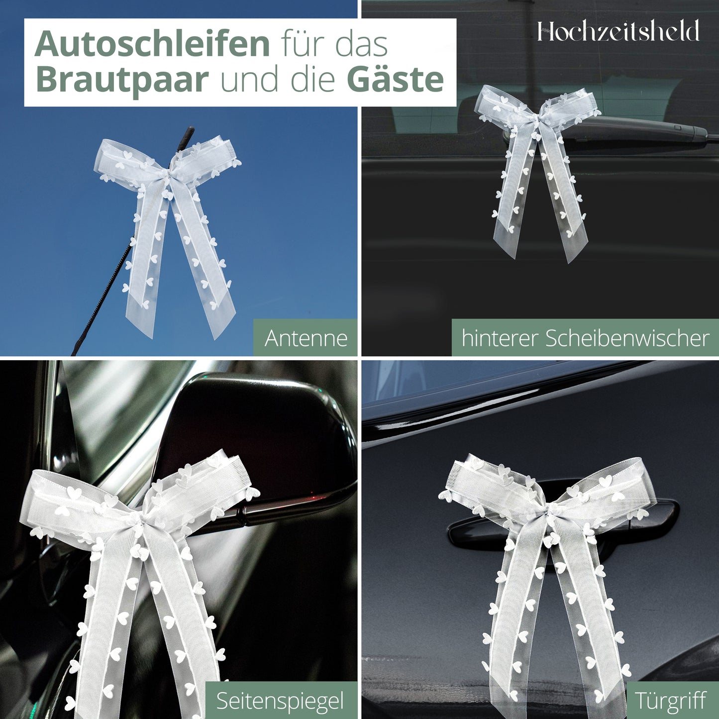 Autoschleifen Hochzeit Weiß (Herzform) - Brautauto & Konvoi Deko
