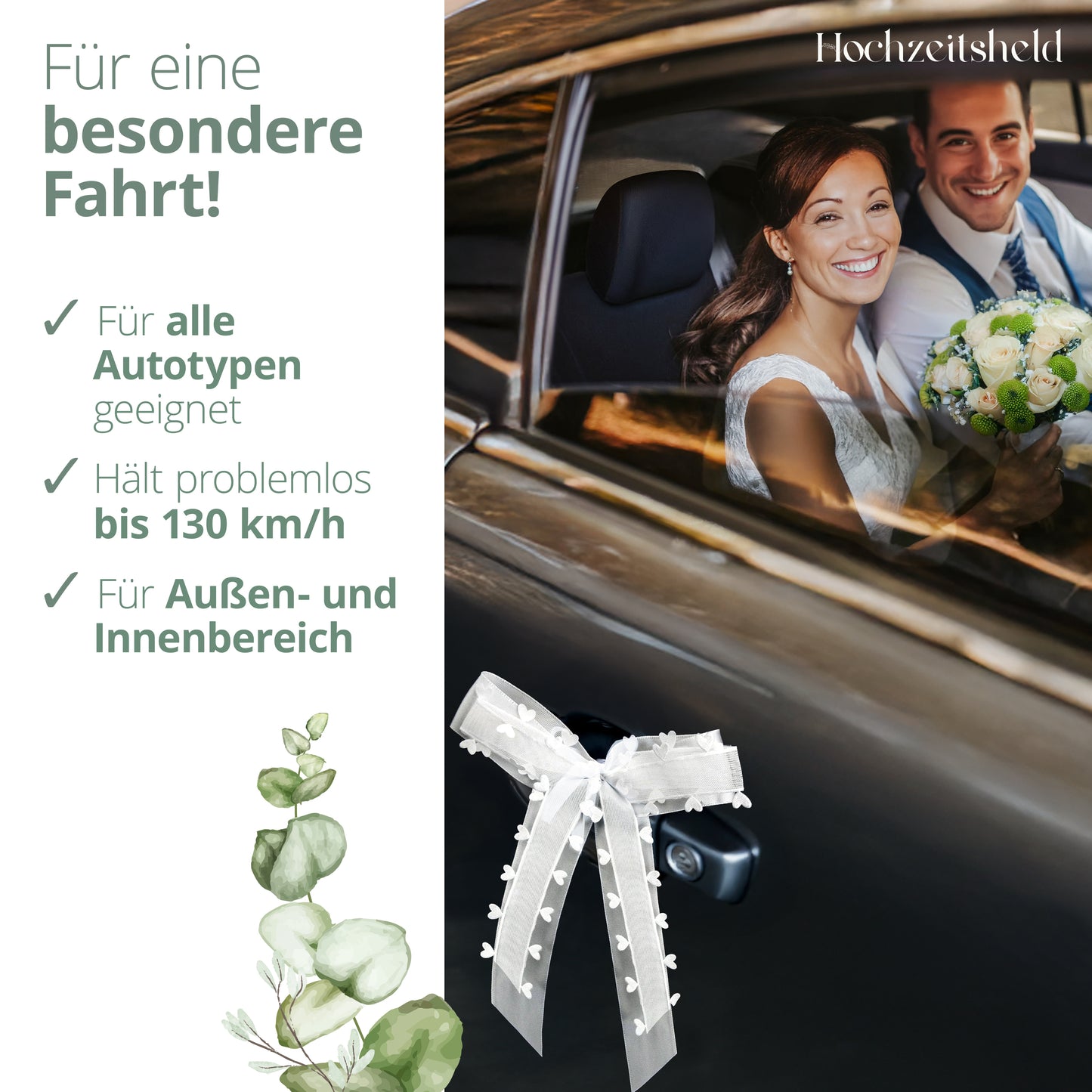Autoschleifen Hochzeit Weiß (Herzform) - Brautauto & Konvoi Deko