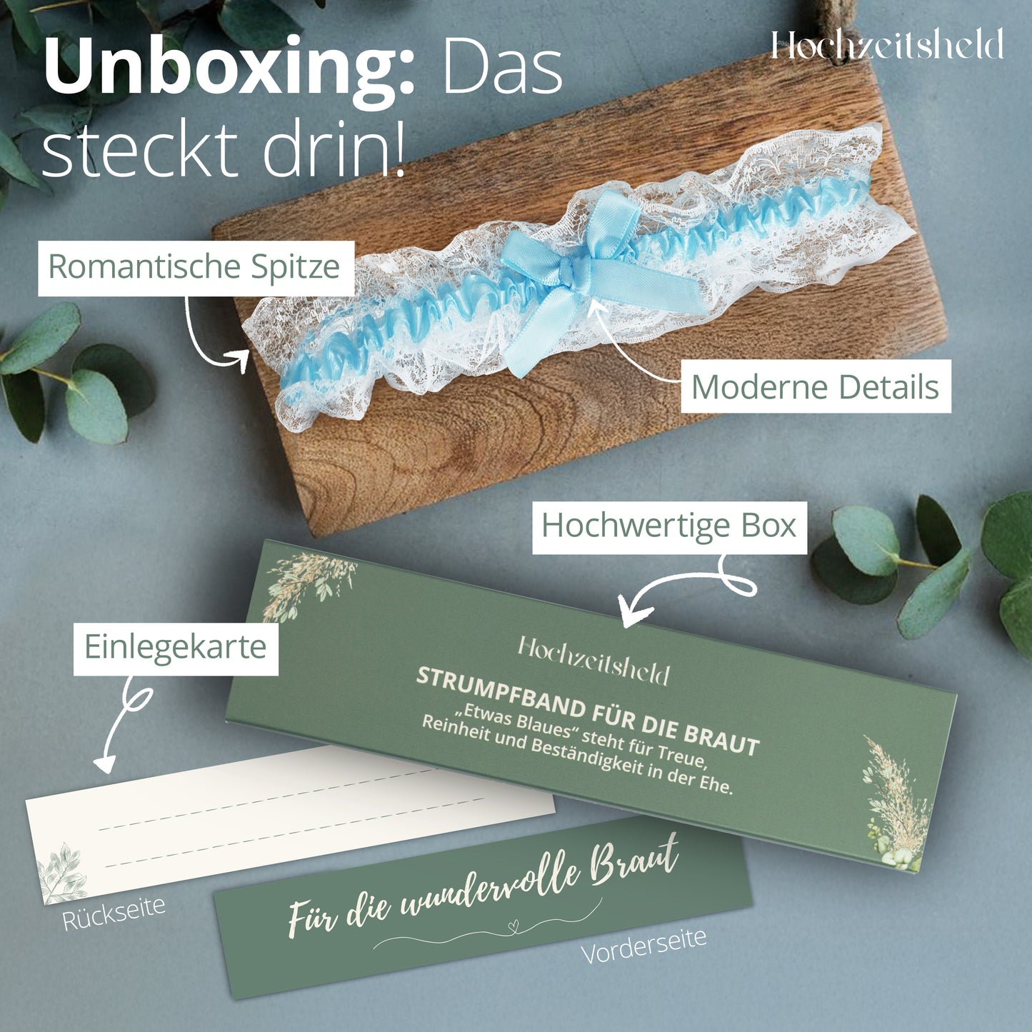 Blaues Strumpfband Hochzeit - Geschenk-Option im schlichten Design
